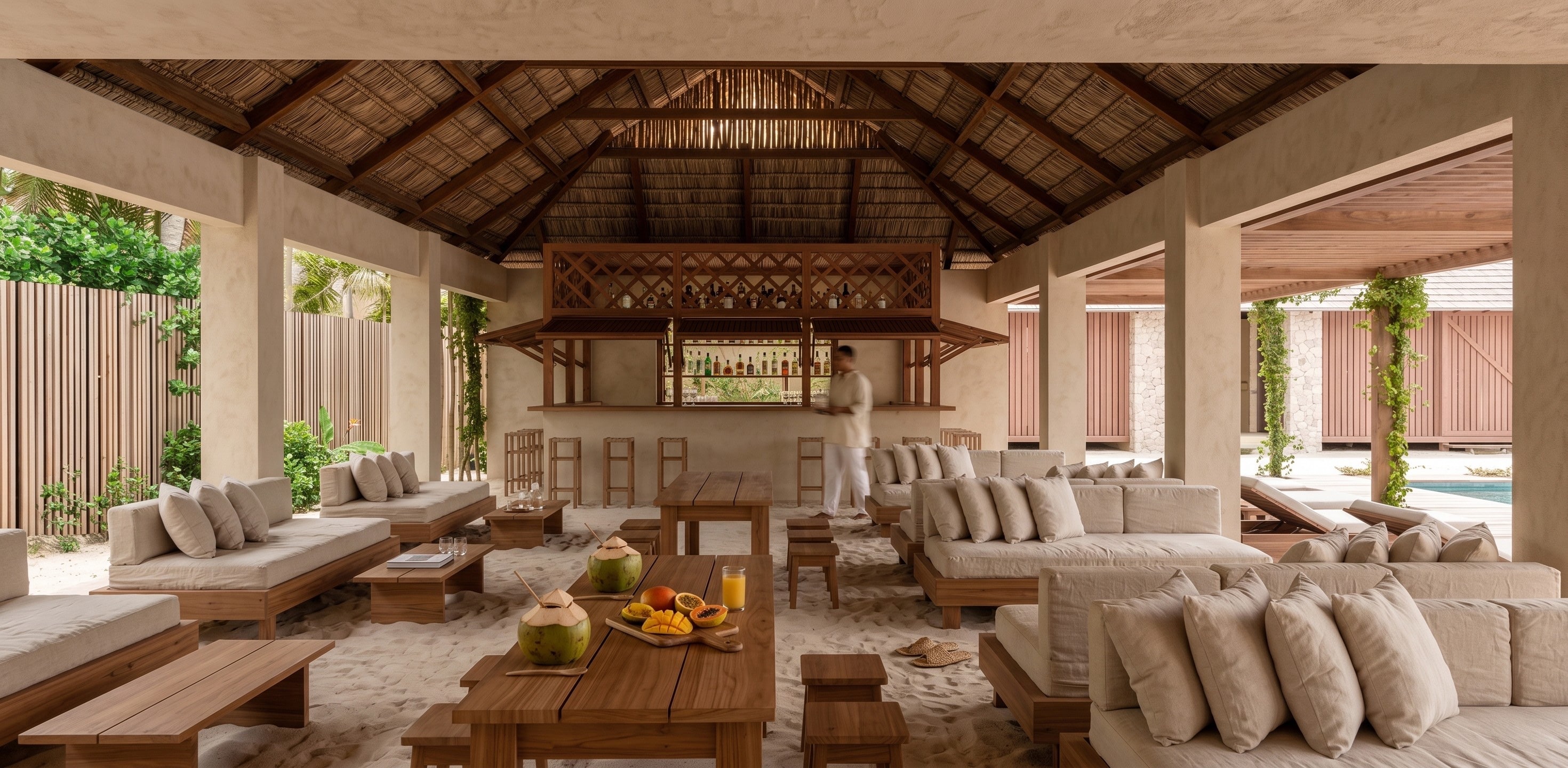 Bar et grandes tables du lodge