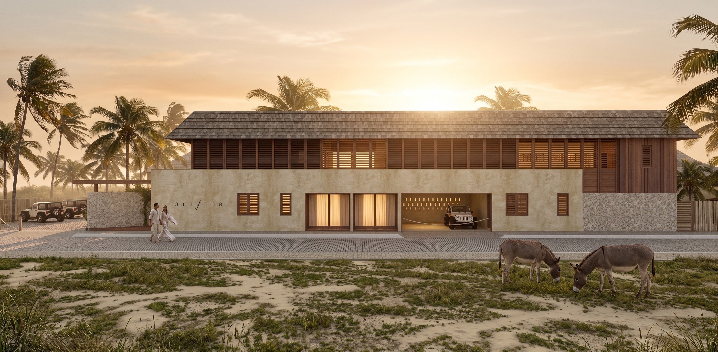 Façade d’entrée du lodge au coucher du soleil